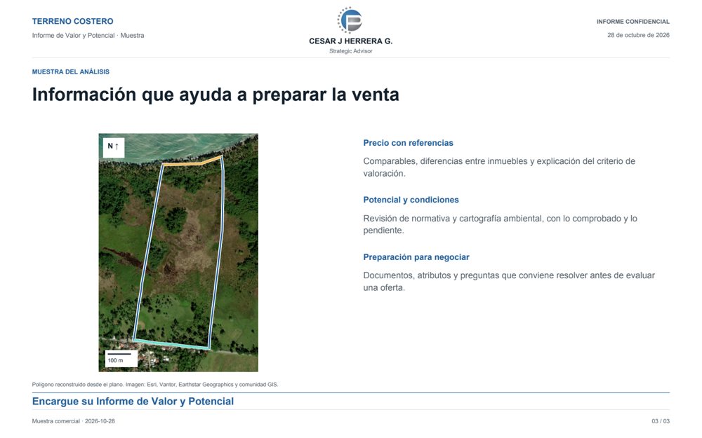 Página de ejemplo con el polígono sobre imagen satelital y lo que ayuda a preparar la venta