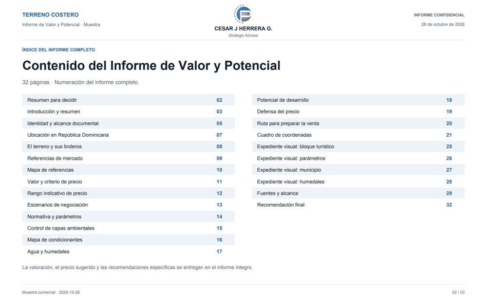 Índice del informe de 32 páginas, con el resumen para decidir en la página 2